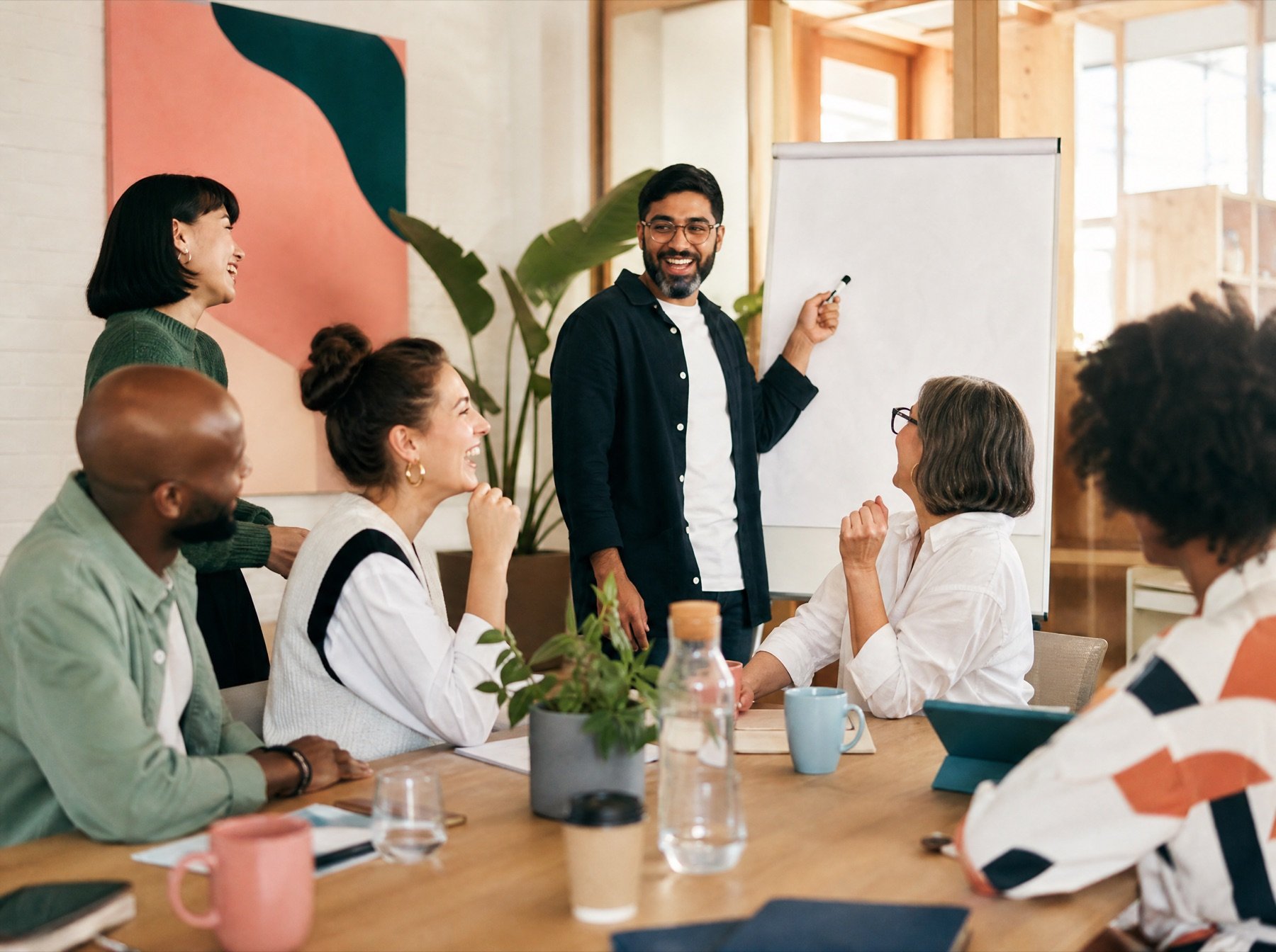 Ein vielfältiges Team feiert gemeinsam einen Erfolg; eine Person steht am Flipchart.