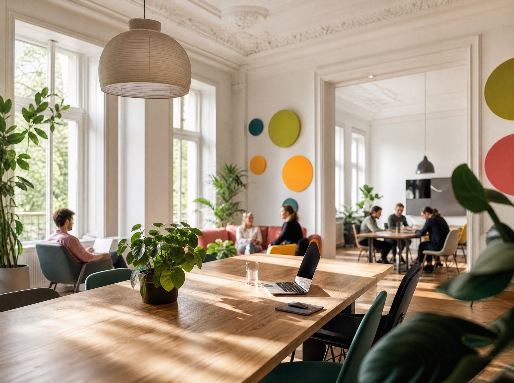 Ein heller Coworking-Raum in einem Berliner Altbau mit langem Holztisch und Pflanzen.